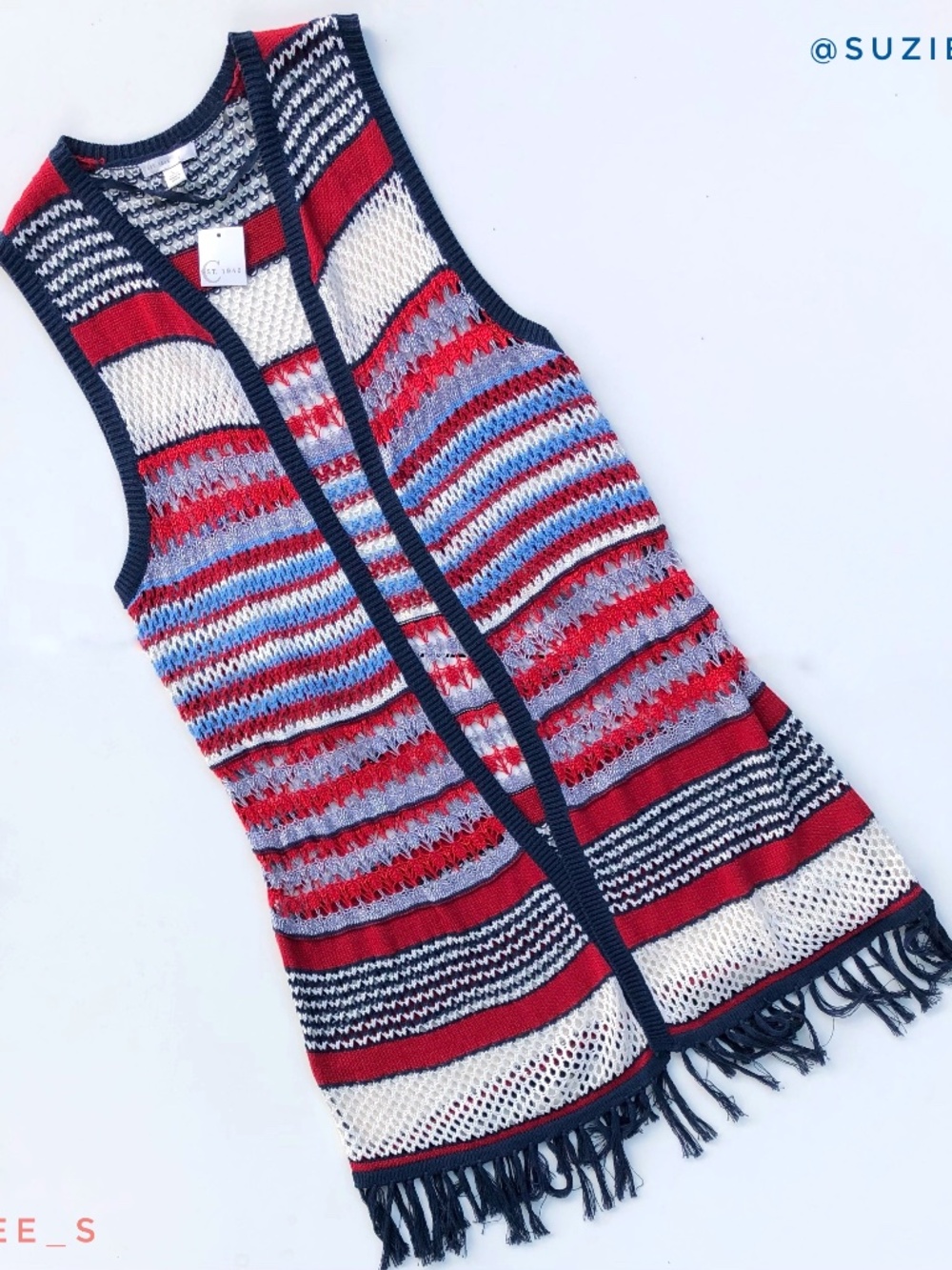 Red White Blue Crochet Knit Fringe Vest Cardigan NWT L
